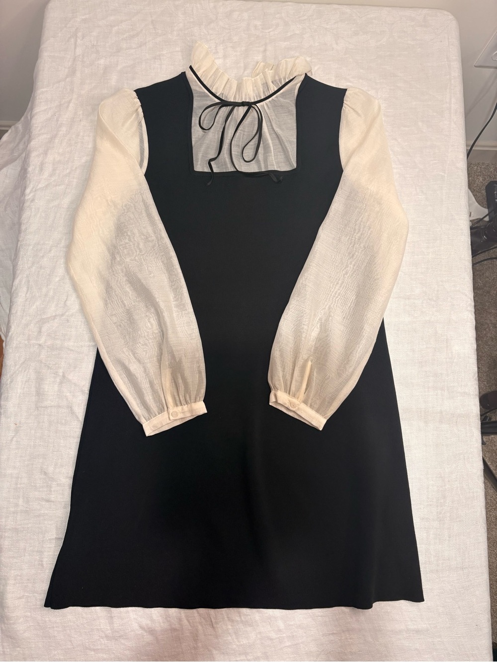 Zara Black Dress with Cream Sheer Ruffled Neck and Long Sleeves Medium
